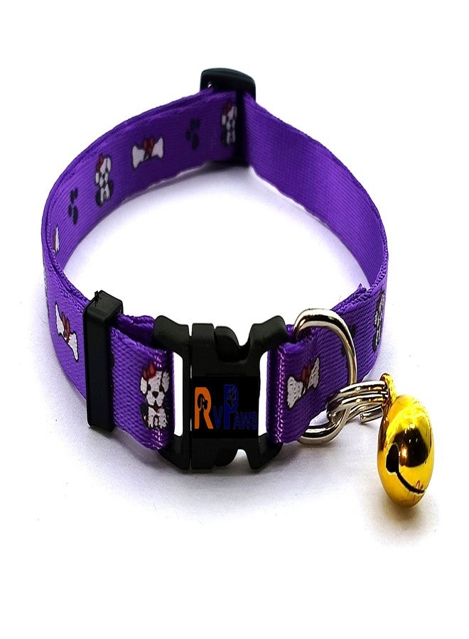 Pups&Pets Puppy and Cat Collar Printed with Bell Basic Dog Cat Collar Buckle Adjustable Nylon Cat & Smal Dog Collar with Bell 10 MM (Purple) - Image 1